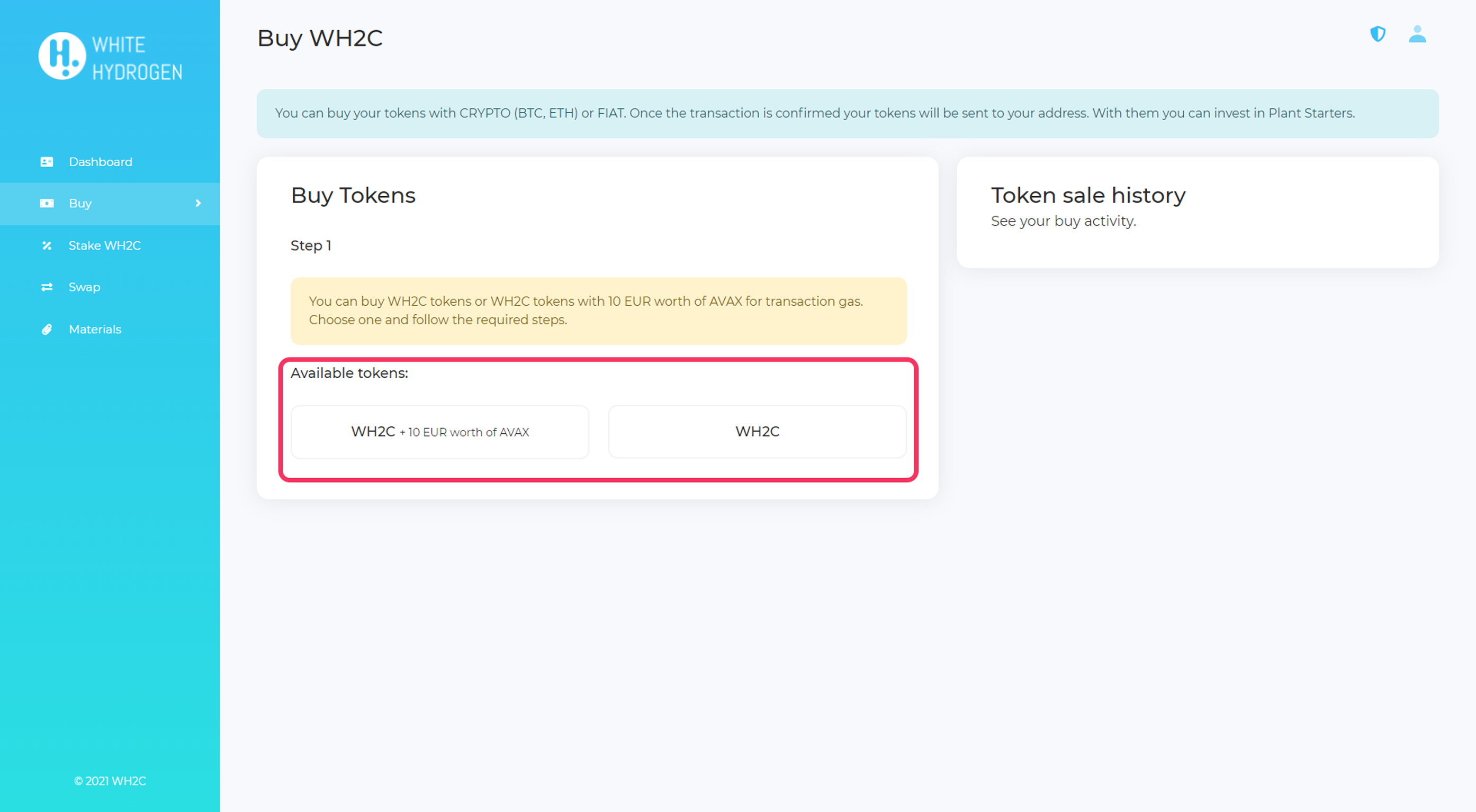 Buy your WH2C tokens with FIAT.